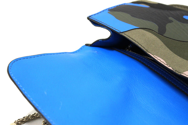 Valentino Garavani Blue Nappa Canvas Camouflage Medium Glam Lock Rockstud Flap