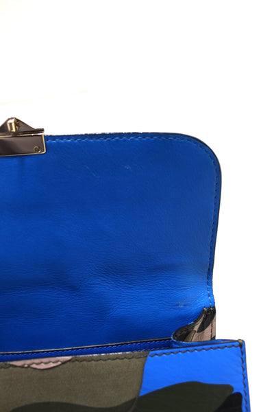 Valentino Garavani Blue Nappa Canvas Camouflage Medium Glam Lock Rockstud Flap