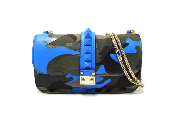 Valentino Garavani Blue Nappa Canvas Camouflage Medium Glam Lock Rockstud Flap