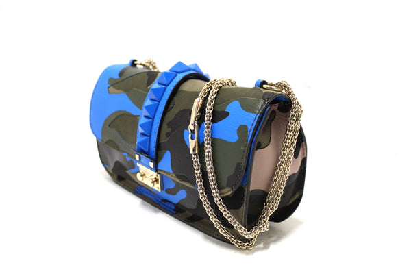 Valentino Garavani Blue Nappa Canvas Camouflage Medium Glam Lock Rockstud Flap