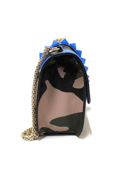 Valentino Garavani Blue Nappa Canvas Camouflage Medium Glam Lock Rockstud Flap