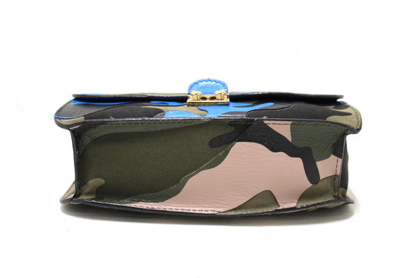 Valentino Garavani Blue Nappa Canvas Camouflage Medium Glam Lock Rockstud Flap