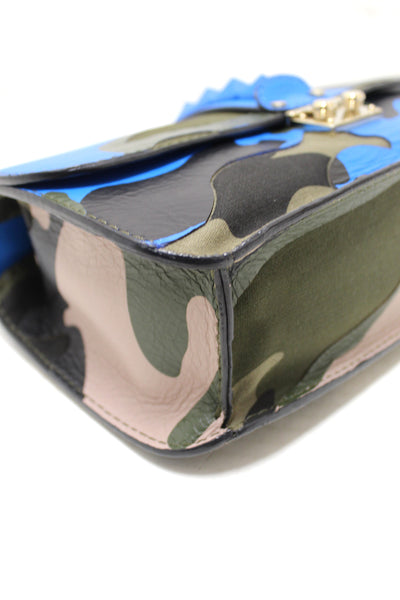 Valentino Garavani Blue Nappa Canvas Camouflage Medium Glam Lock Rockstud Flap