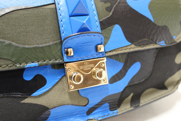 Valentino Garavani Blue Nappa Canvas Camouflage Medium Glam Lock Rockstud Flap