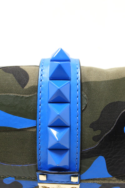 Valentino Garavani Blue Nappa Canvas Camouflage Medium Glam Lock Rockstud Flap