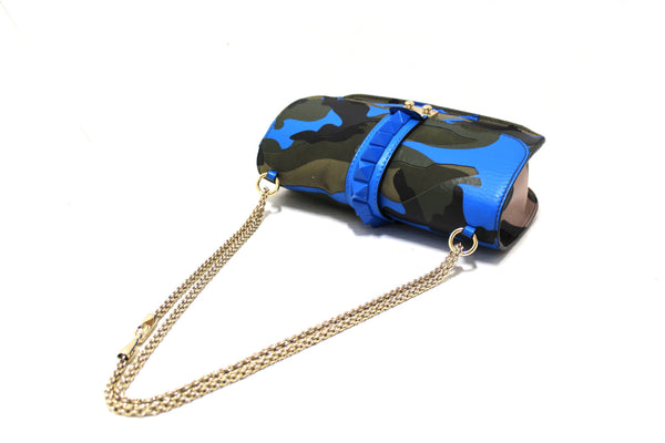 Valentino Garavani Blue Nappa Canvas Camouflage Medium Glam Lock Rockstud Flap
