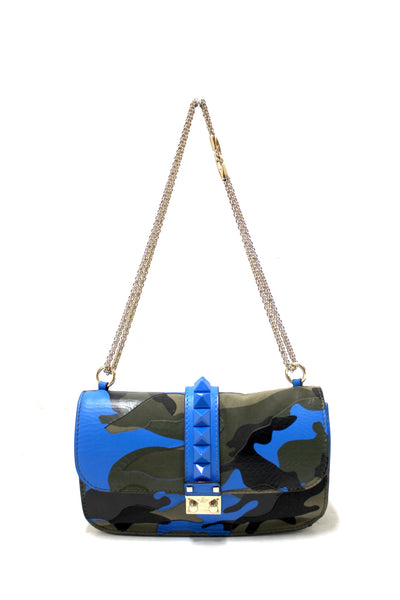 Valentino Garavani Blue Nappa Canvas Camouflage Medium Glam  | Italystation.com - Shop Now at italystation.com