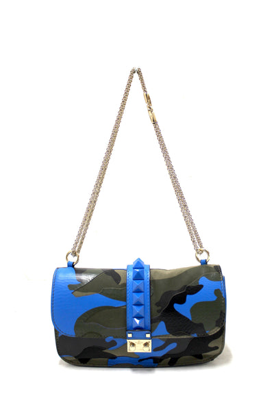 Valentino Garavani Blue Nappa Canvas Camouflage Medium Glam Lock Rockstud Flap