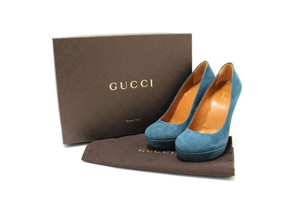 Gucci Blue Suede Leather Platform Pump Shoes Size 36.5