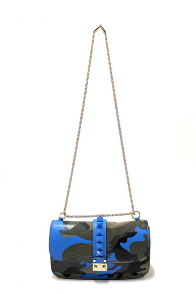 Valentino Garavani Blue Nappa Canvas Camouflage Medium Glam Lock Rockstud Flap