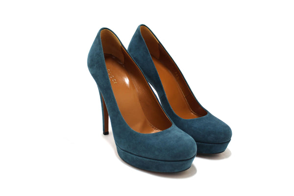 Gucci Blue Suede Leather Platform Pump Shoes Size 36.5