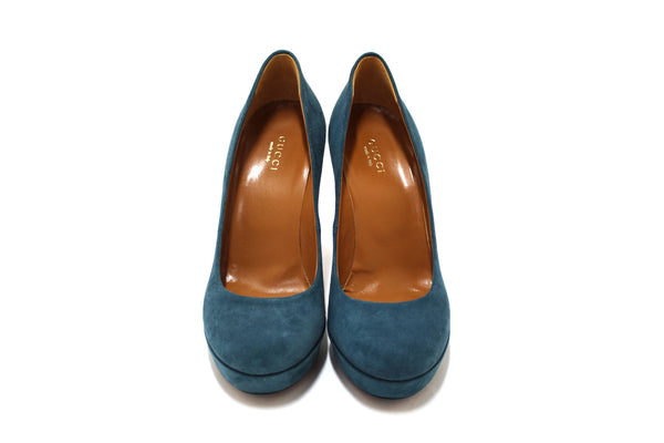 Gucci Blue Suede Leather Platform Pump Shoes Size 36.5