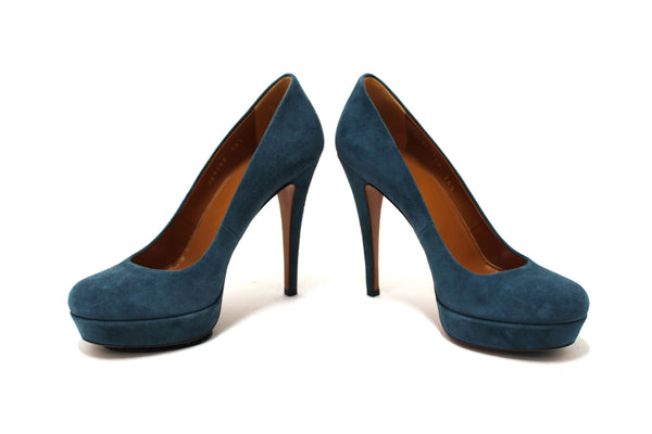 Gucci Blue Suede Leather Platform Pump Shoes Size 36.5