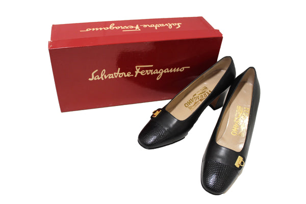 Salvatore Ferragamo黑色小牛皮革帶有黑色蜥蜴皮泵5.5b