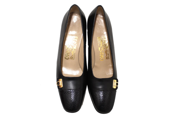 Salvatore Ferragamo Black Calfskin Leather with Black Lizard Leather Pumps Size 5.5B