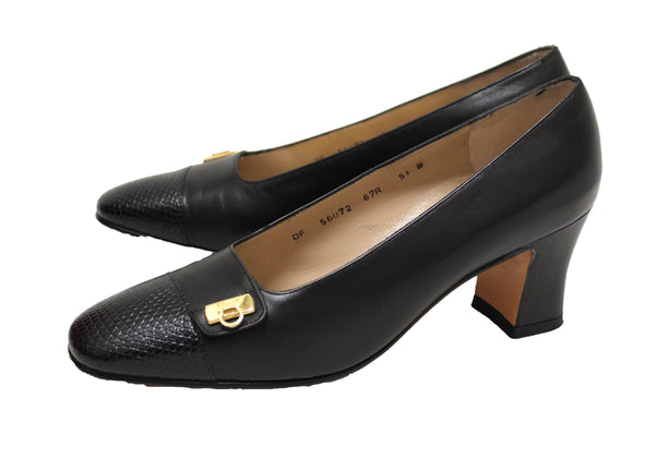 Salvatore Ferragamo Black Calfskin Leather with Black Lizard Leather Pumps Size 5.5B
