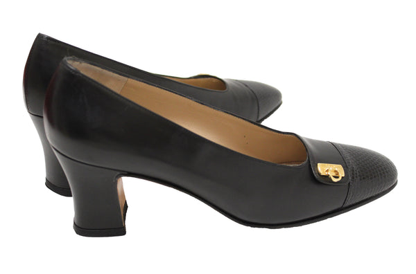 Salvatore Ferragamo Black Calfskin Leather with Black Lizard Leather Pumps Size 5.5B