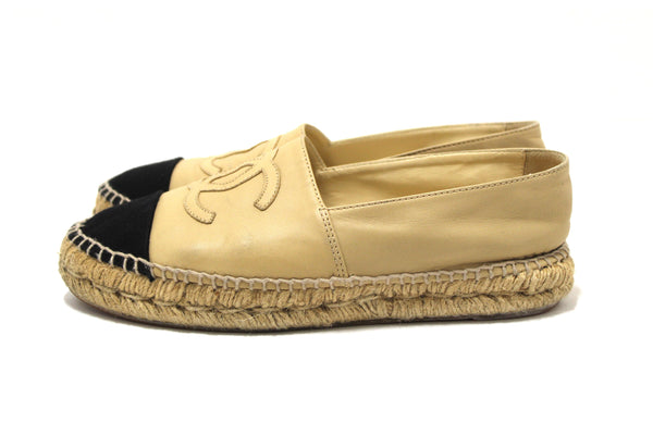 Chanel Beige/Black Lambskin Leather Espadrilles Shoes Size 37.5