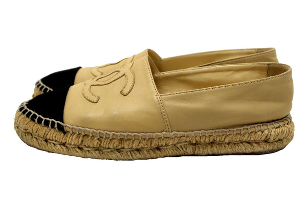 Chanel Beige/Black Lambskin Leather Espadrilles Shoes Size 37.5