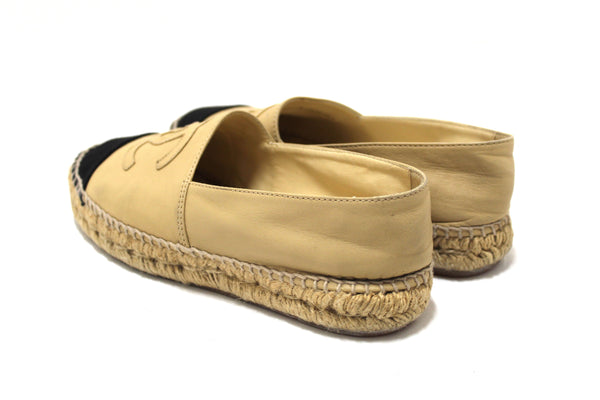 Chanel Beige/Black Lambskin Leather Espadrilles Shoes Size 37.5