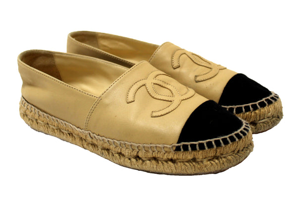 Chanel Beige/Black Lambskin Leather Espadrilles Shoes Size 37.5