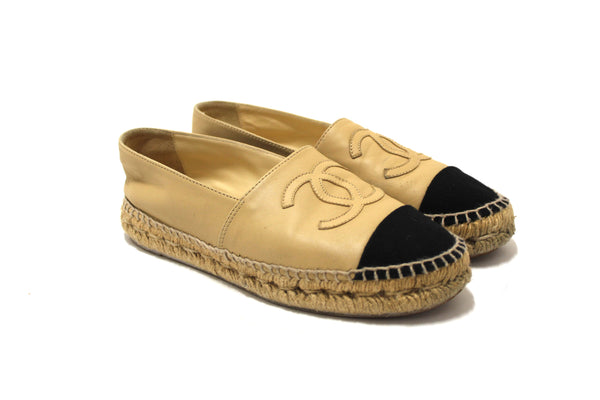 Chanel Beige/Black Lambskin Leather Espadrilles Shoes Size 37.5