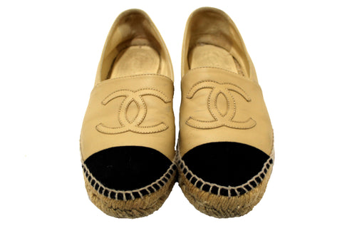 Chanel Beige/Black Lambskin Leather Espadrilles Shoes Size 37.5