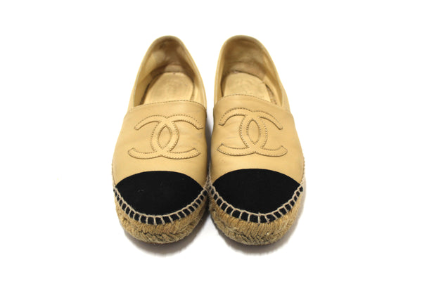 Chanel Beige/Black Lambskin Leather Espadrilles Shoes Size 37.5