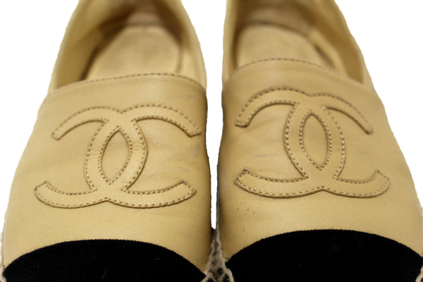 Chanel Beige/Black Lambskin Leather Espadrilles Shoes Size 37.5