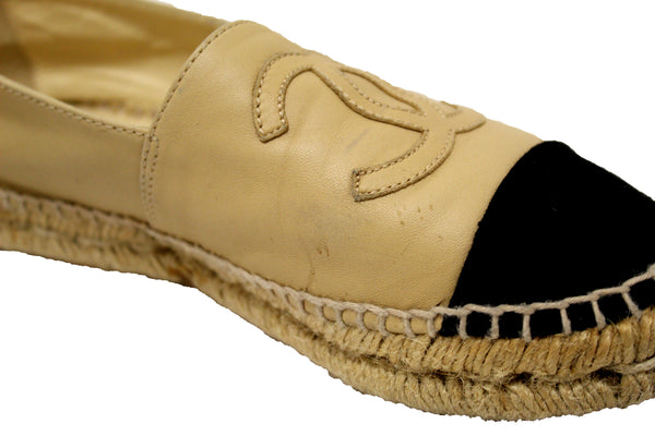 Chanel Beige/Black Lambskin Leather Espadrilles Shoes Size 37.5