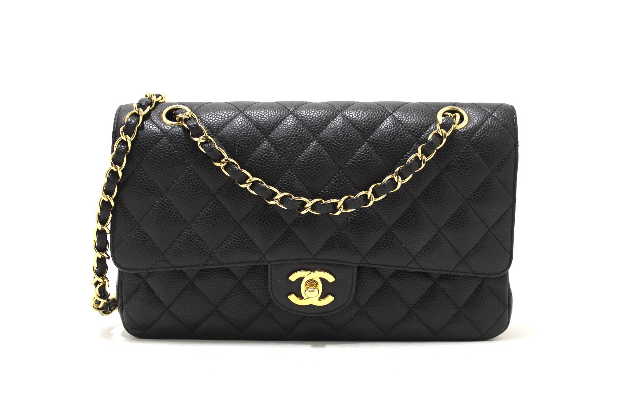 Chanel Classic Black Quilted Caviar Leather Classic Medium Double Flap Bag