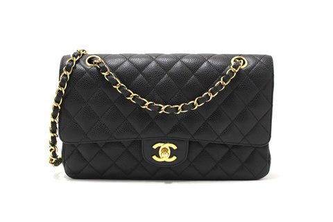 Chanel Classic Black Quilted Caviar Leather Classic Medium Double Flap Bag
