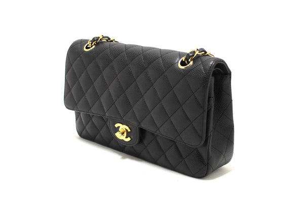 Chanel Classic Black Quilted Caviar Leather Classic Medium Double Flap Bag