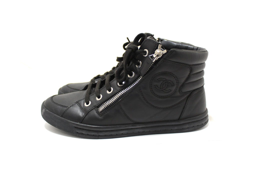 Chanel Black Leather CC Zip Link High Top Sneakers Size 37