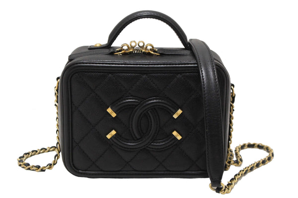 Chanel Black Quilted Caviar Leather Small CC Filigree Vanity Case