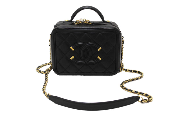 Chanel Black Quilted Caviar Leather Small CC Filigree Vanity Case
