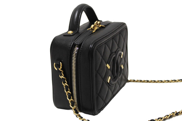 Chanel Black Quilted Caviar Leather Small CC Filigree Vanity Case