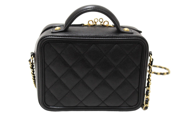 Chanel Black Quilted Caviar Leather Small CC Filigree Vanity Case
