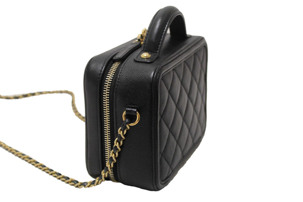 Chanel Black Quilted Caviar Leather Small CC Filigree Vanity Case