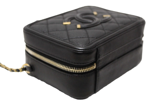 Chanel Black Quilted Caviar Leather Small CC Filigree Vanity Case