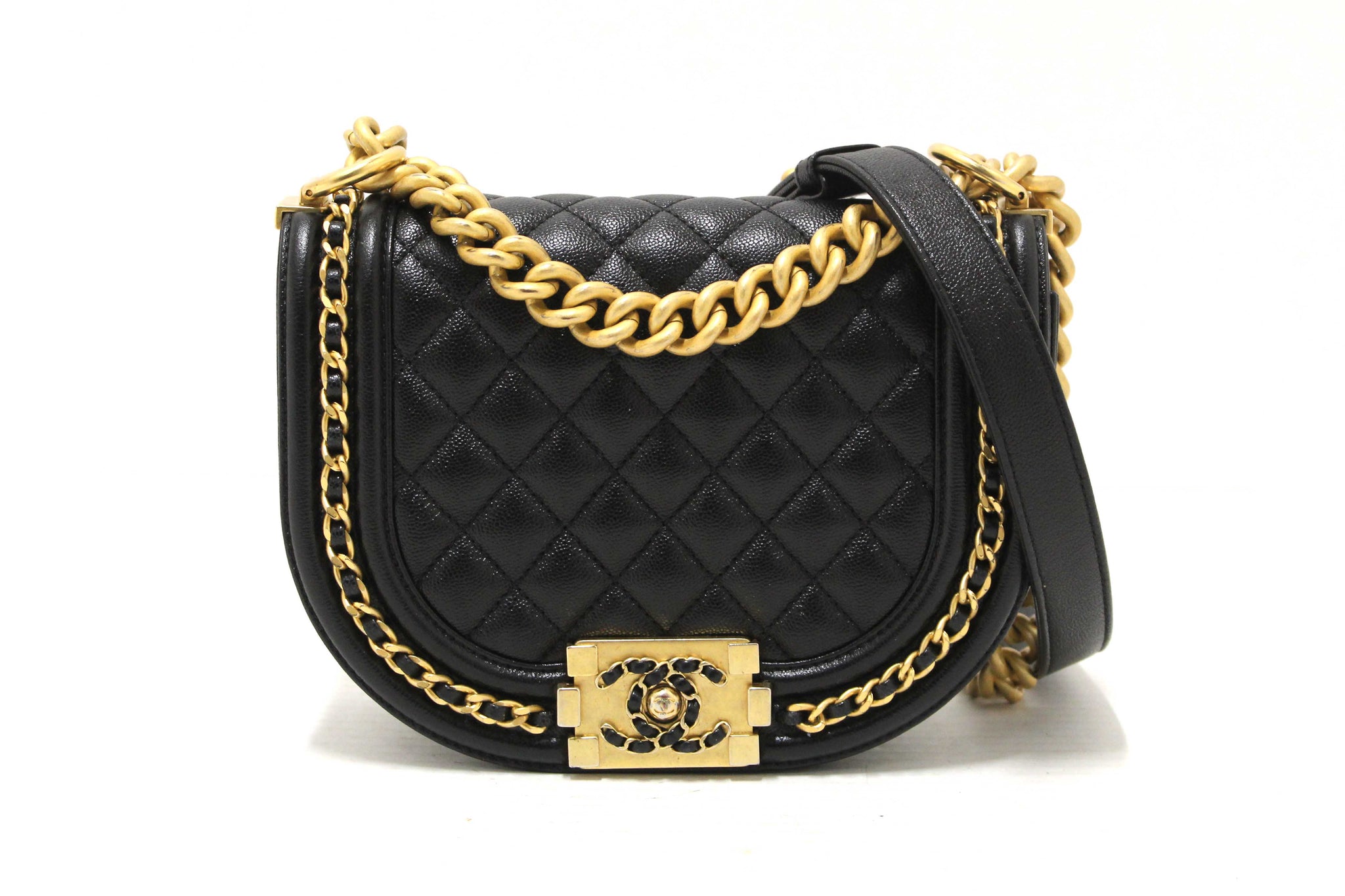 Chanel Black Quilted Caviar Leather Le Boy Half Moon Small Messenger Bag