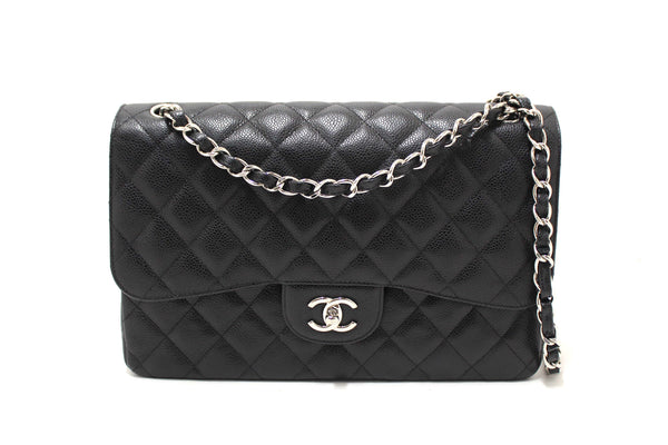 Chanel Black Quilted Caviar Leather Classic Jumbo Double Flap Bag