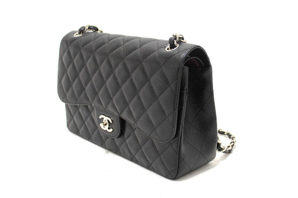 Chanel Black Quilted Caviar Leather Classic Jumbo Double Flap Bag