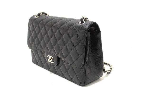 Chanel Black Quilted Caviar Leather Classic Jumbo Double Flap Bag