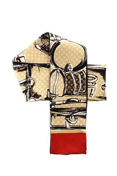 Louis Vuitton Silk Monogram Trunks Red Twilly Bandeau Scarf