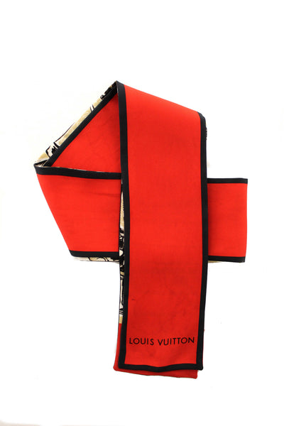 Louis Vuitton Silk Monogram Trunks Red Twilly Bandeau Scarf