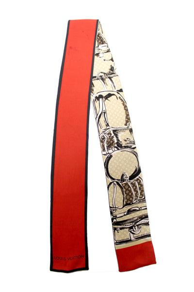 Louis Vuitton Silk Monogram Trunks Red Twilly Bandeau Scarf