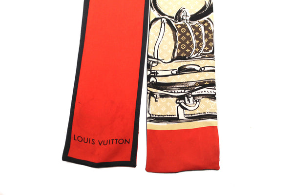 Louis Vuitton Silk Monogram Trunks Red Twilly Bandeau Scarf