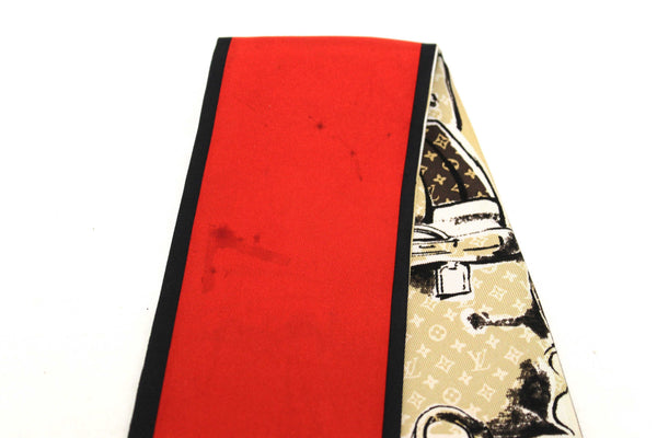 Louis Vuitton Silk Monogram Trunks Red Twilly Bandeau Scarf