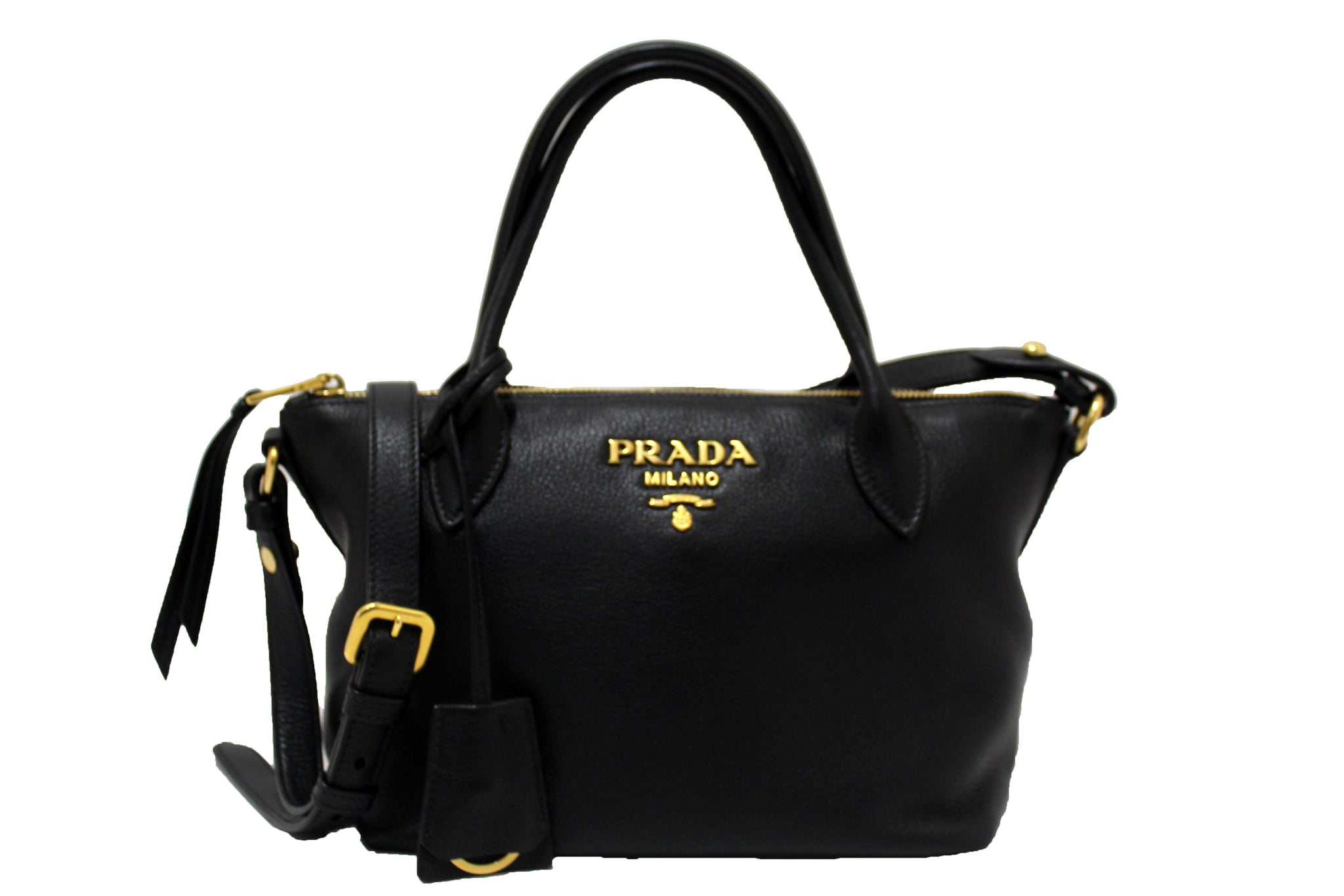 Authentic Prada Black Soft Leather Small Zipper Tote Bag